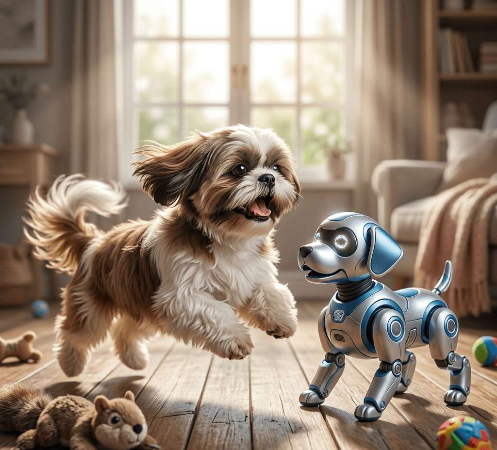 Shih Tzu Barking and Playing with Robotic Toy Dog (1)