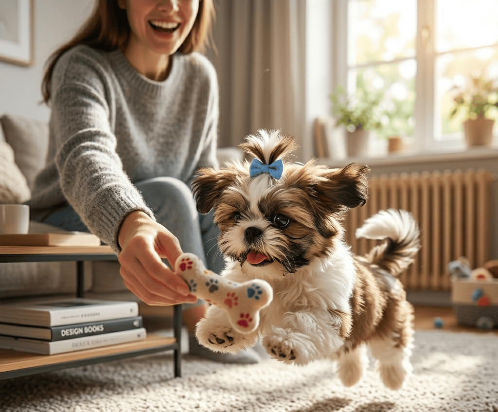 Cute Shih Tzu Puppy Playing With Owner (1)