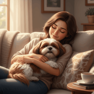 Lying down with his shih tzu (1)